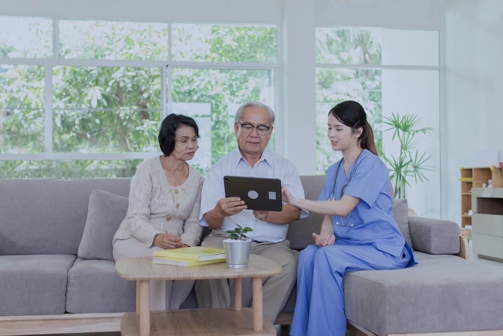 Elderly use tablet to video call to family